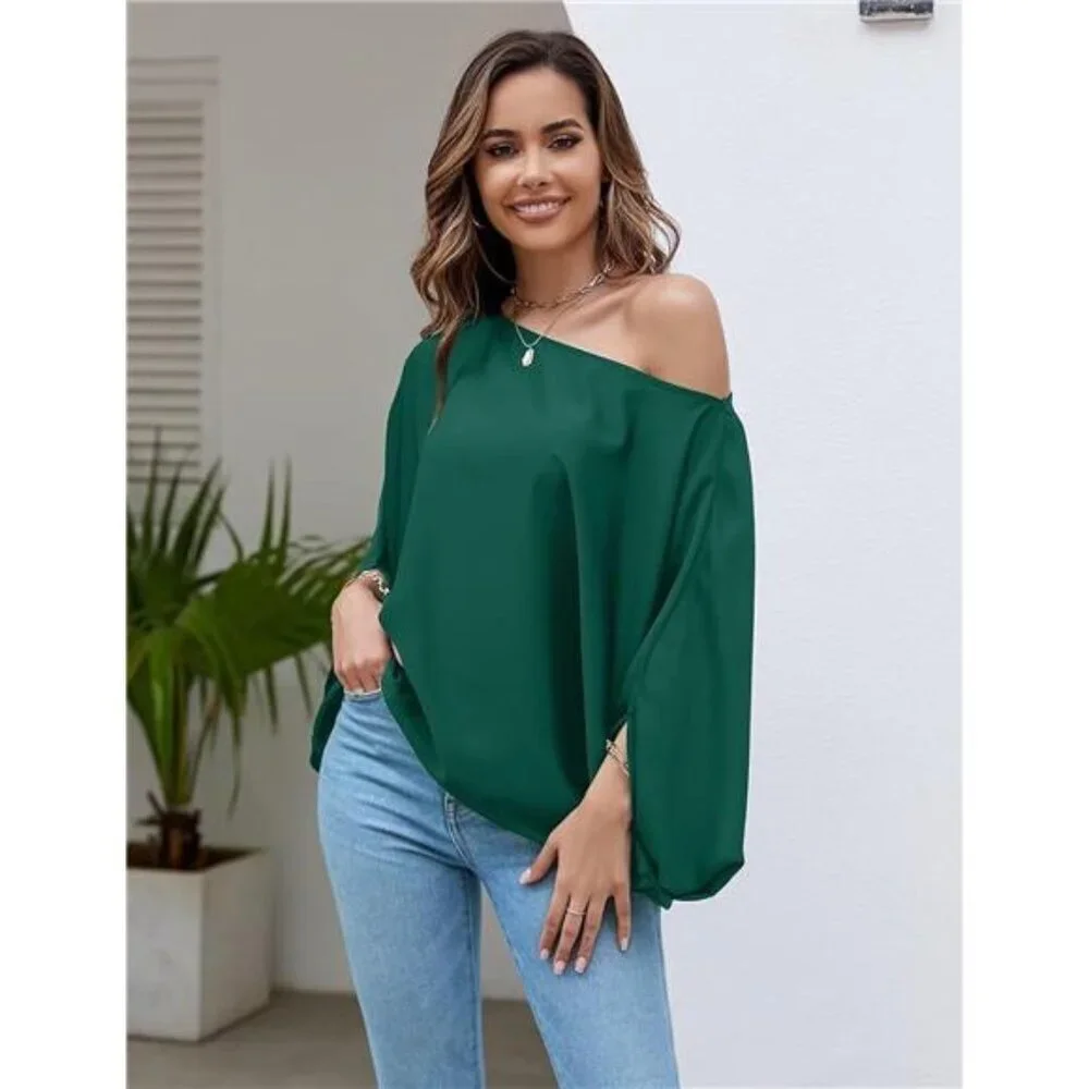Off Shoulder Flowy Top Casual Batwing Sleeve Blouse Loose Chiffon Shirt Women - Picture 5 of 6